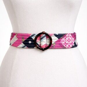 J. Crew Silk Patchwork Belt Pink/Black/Ivory Size S/M Tortoise Buckle Preppy